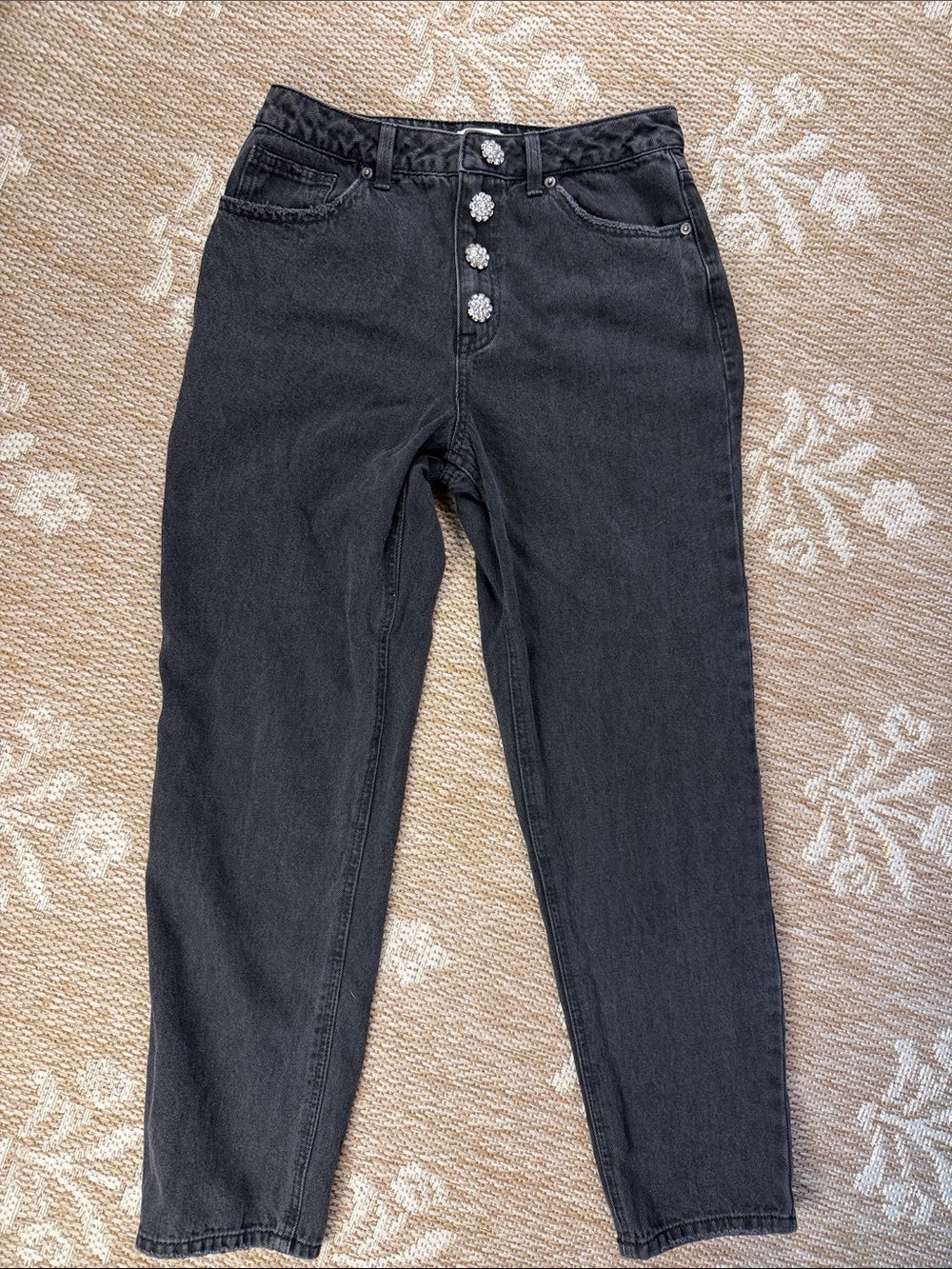Forever 21 Black High-Rise Jeans with Decorative Floral Buttons